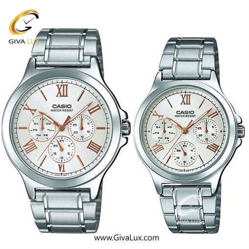 ساعت مچی اورجینال ست کاسیو Casio سه موتوره فول تایم نقره ای | نقره ای| مشکی| کد رفرنس زنانه: LTP-V300D-1A2UDF، مردانه: MTP-V300D-1A2UDF MTP-V300D-7A2UDF --LTP-V300D-7A2UDF.jpg